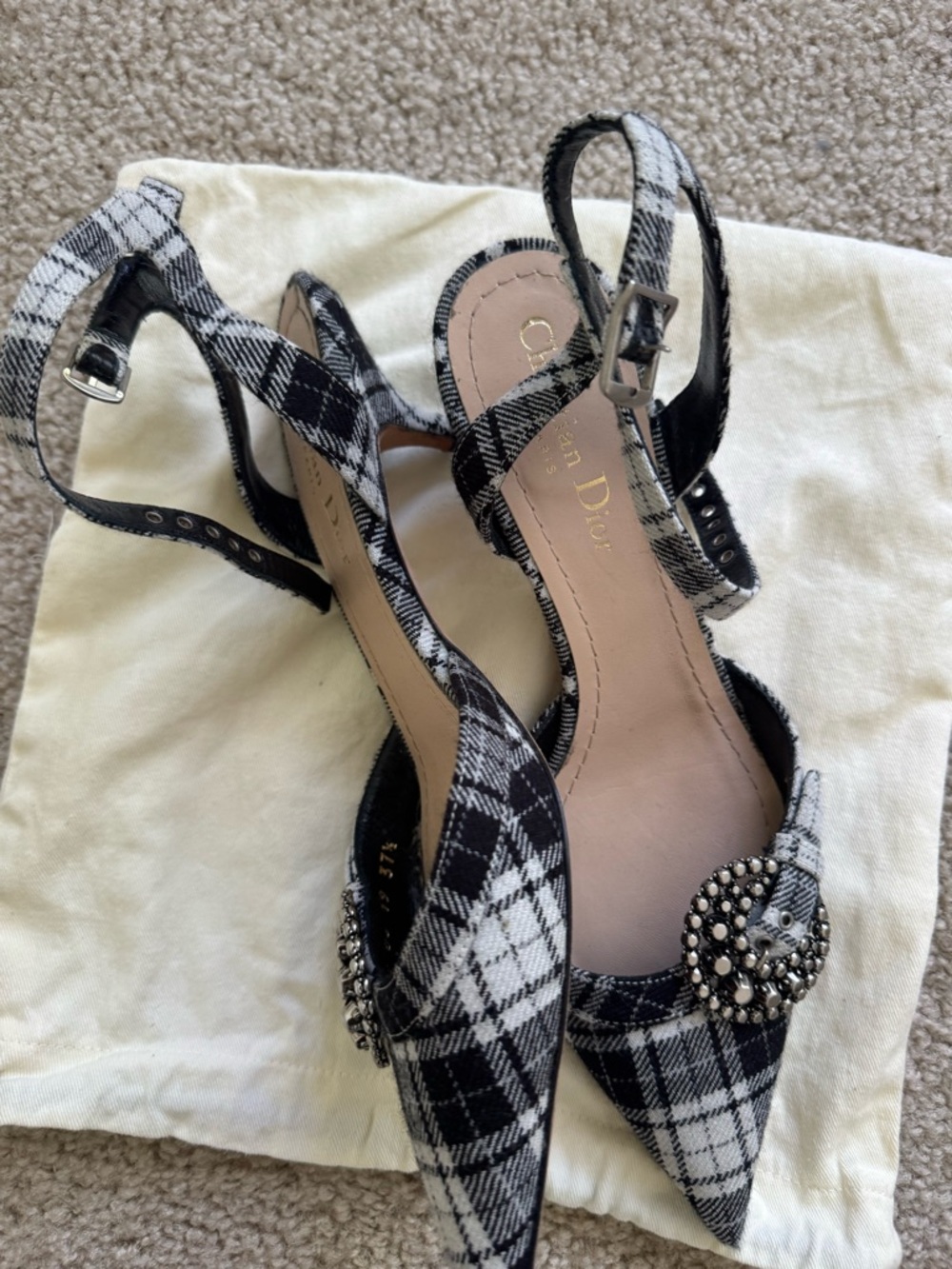 Dior Black and White Plaid Slingback Pointed Toe Heels with Jeweled Buckle - Picture 2 of 3